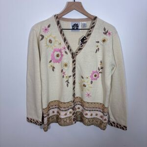 STORYBOOK KNITS Vintage Sweater /Cardigan NEW BEIGE W/Pink Roses BEADING Large
